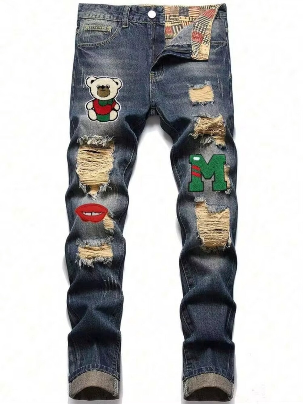 Mens Relaxed Fit Distressed Blue Jeans with Patchwork Accents - Size 34